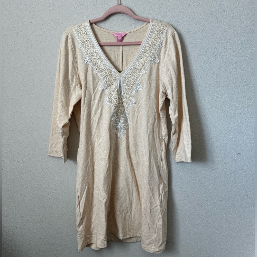 NWT LILLY PULITZER XL HEARTHERED CAMEL CLARKSON EMBELLISHED NECKLINE